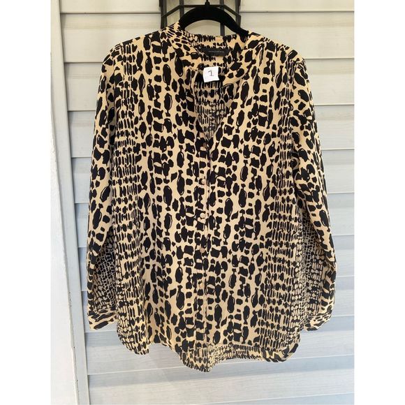Investments Tops - Investments Leopard Animal Print Button Down High-Low Blouse, Size Medium